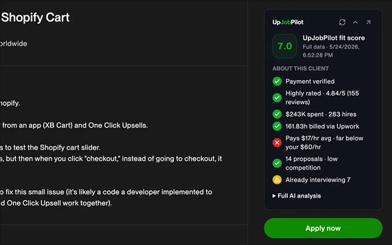 UpJobPilot fit score and client insights shown on an Upwork job page