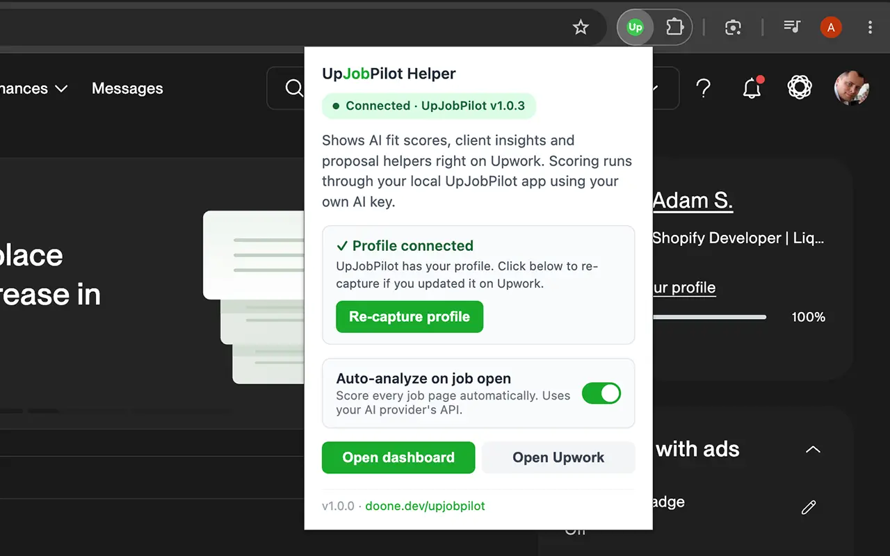 UpJobPilot Helper popup showing connected profile and controls