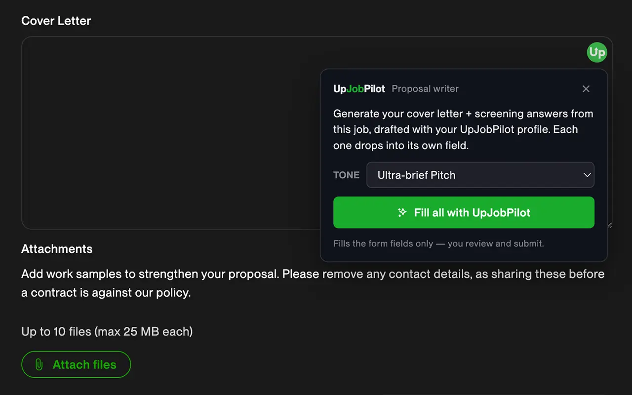 UpJobPilot proposal autofill on an Upwork Apply page